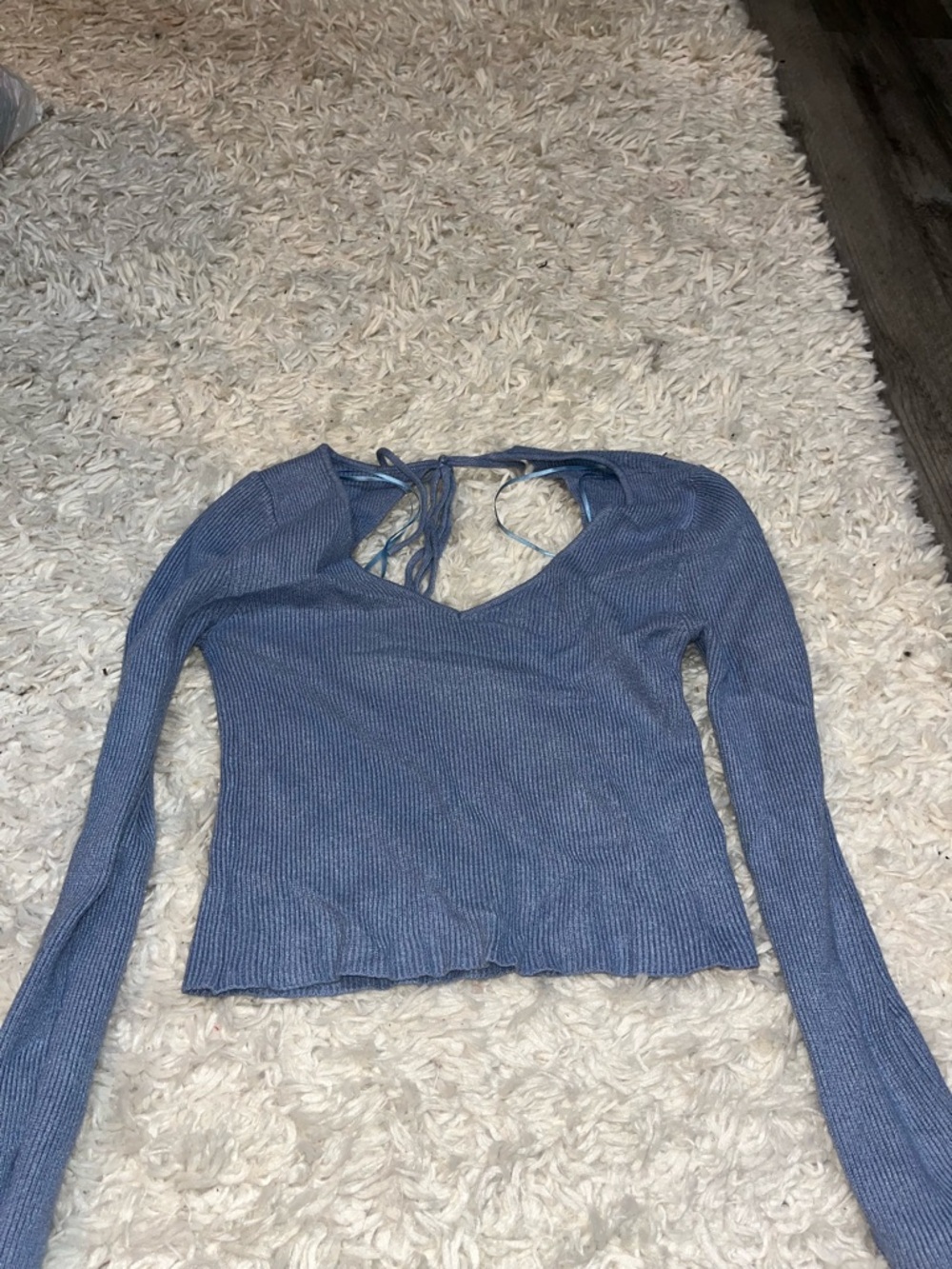 Arizona Jean Company Denim-Blue Ribbed Long Sleeve Tie-Back Top